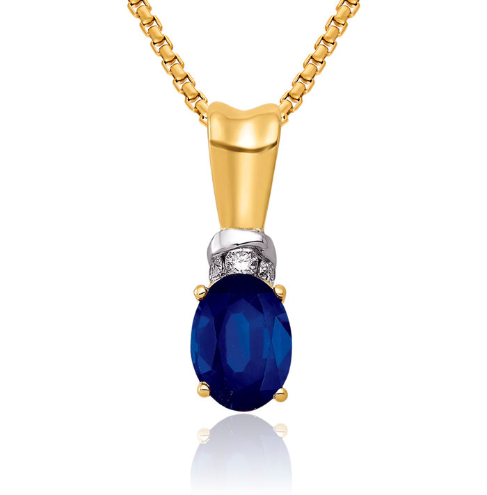 14K Solid Yellow Gold Diamond Oval Blue Sapphire Necklace Gemstone Pendant Charm