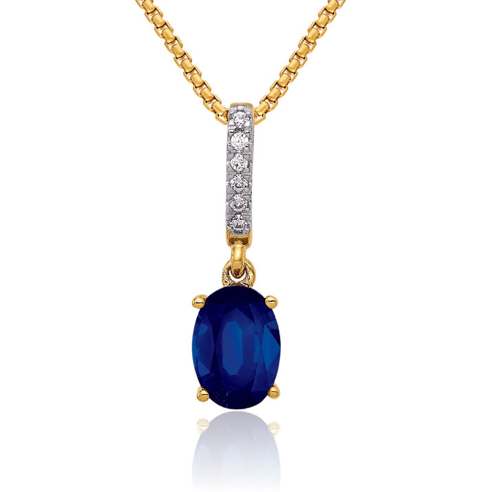 14K Solid Yellow Gold Diamond Oval Blue Sapphire Necklace Gemstone Pendant Charm