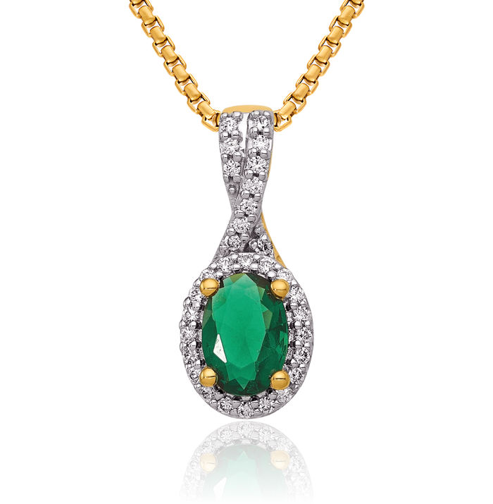 14K Solid Yellow Gold Diamond Oval Green Emerald Halo Necklace Gemstone Pendant Charm