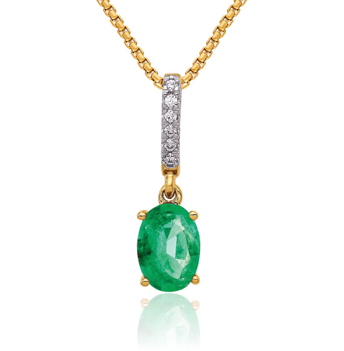 14K Solid Yellow Gold Diamond Oval Green Emerald Necklace Gemstone Pendant Charm