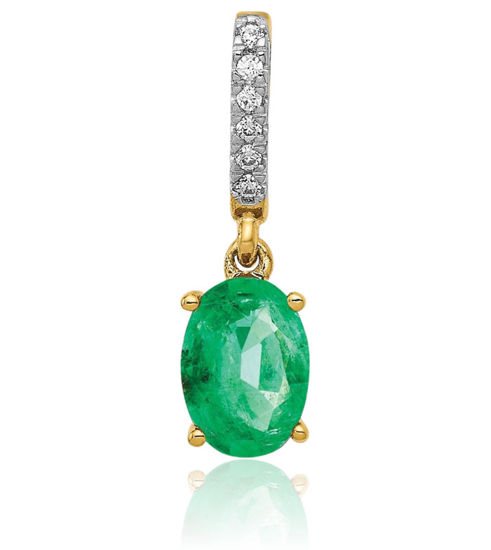 14K Solid Yellow Gold Diamond Oval Green Emerald Necklace Gemstone Pendant Charm