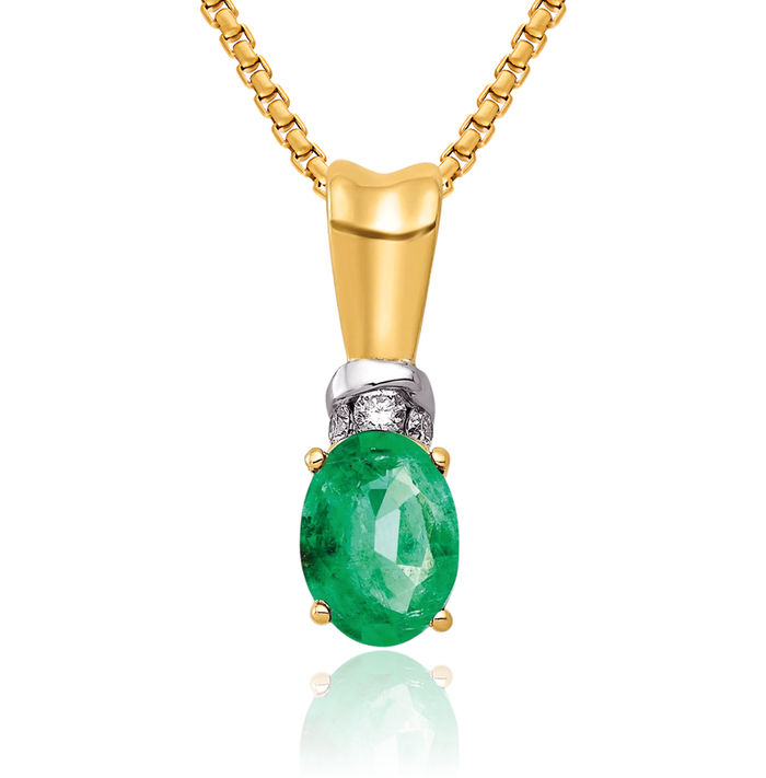 14K Solid Yellow Gold Diamond Oval Green Emerald Necklace Gemstone Pendant Charm