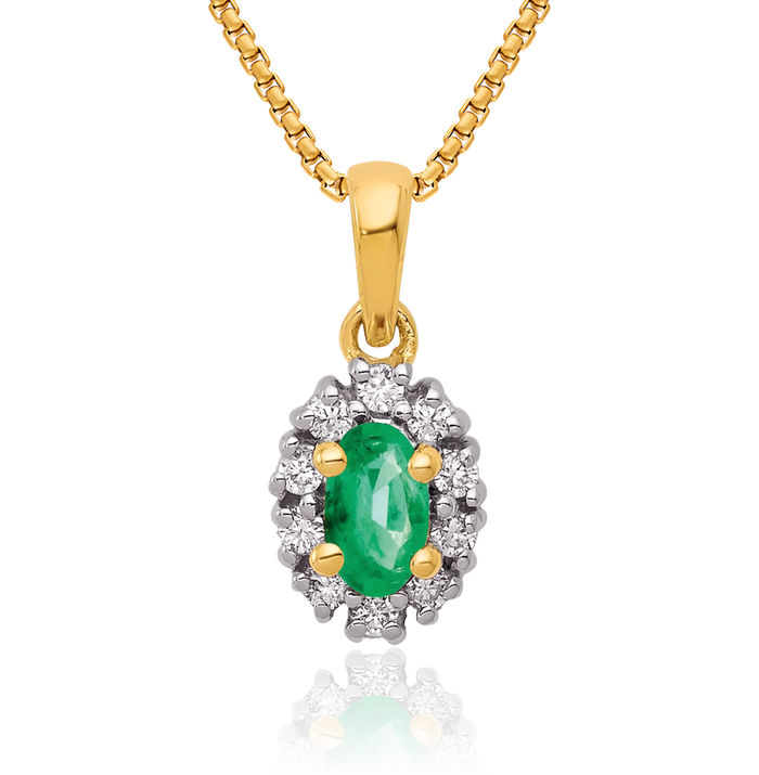 14K Solid Yellow Gold Diamond Oval Green Emerald Necklace Gemstone Pendant Charm