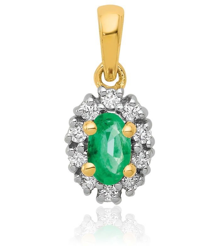 14K Solid Yellow Gold Diamond Oval Green Emerald Necklace Gemstone Pendant Charm