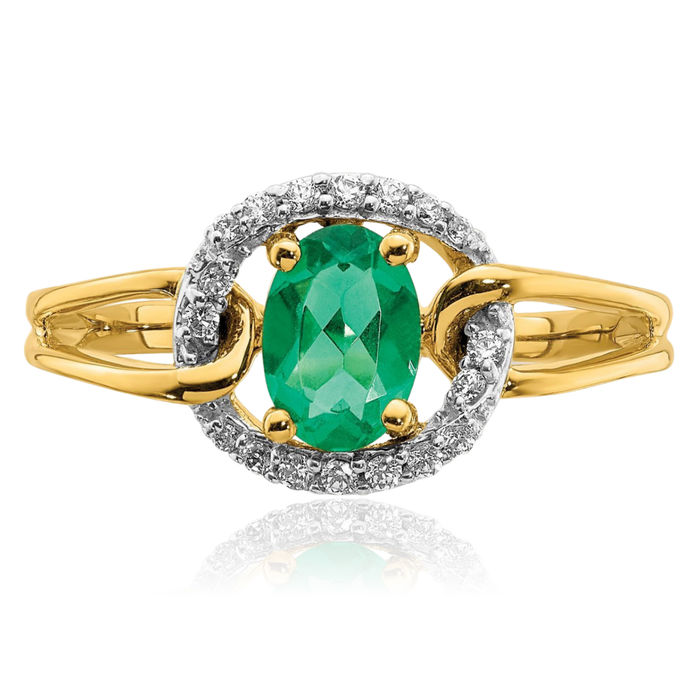 14K Solid Yellow Gold Diamond Oval Green Emerald Ring Gemstone Band May Birthstone Jewelry