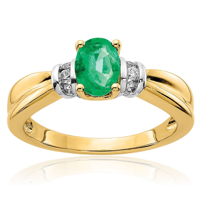 14K Solid Yellow Gold Diamond Oval Green Emerald Ring Gemstone Band May Birthstone Jewelry