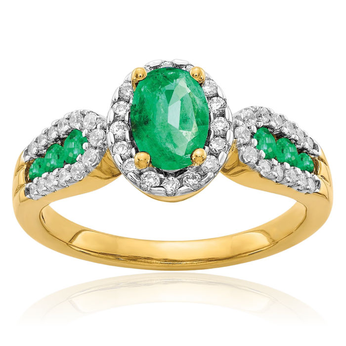 14K Solid Yellow Gold Diamond Oval Green Emerald Ring Gemstone Band May Birthstone Jewelry