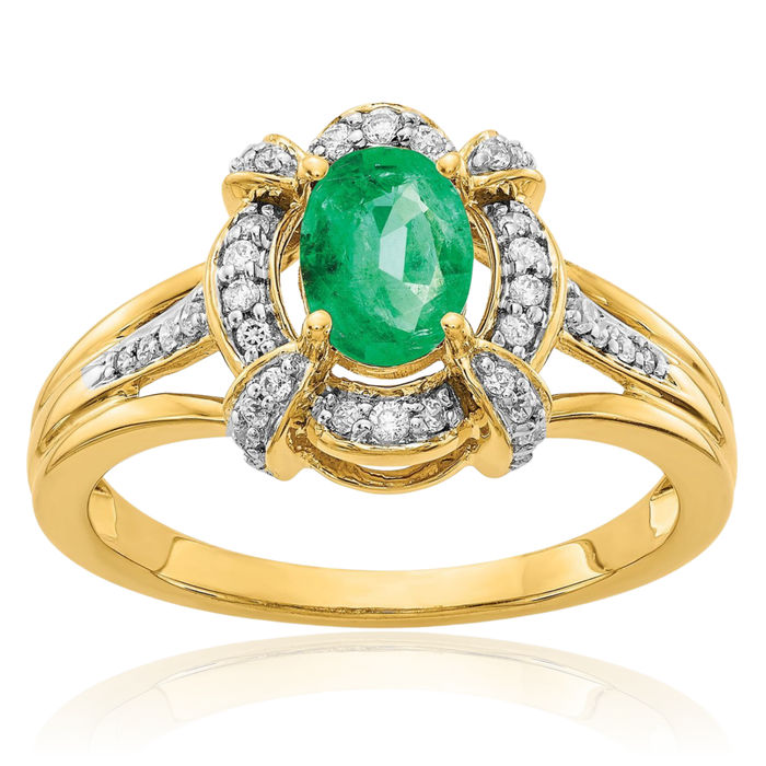 14K Solid Yellow Gold Diamond Oval Green Emerald Ring Gemstone Band May Birthstone Jewelry