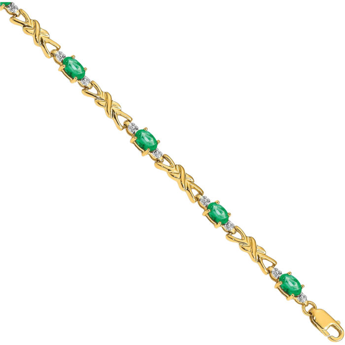 14K Solid Yellow Gold Diamond Oval Green Emerald Chain Gemstone Tennis Bracelet