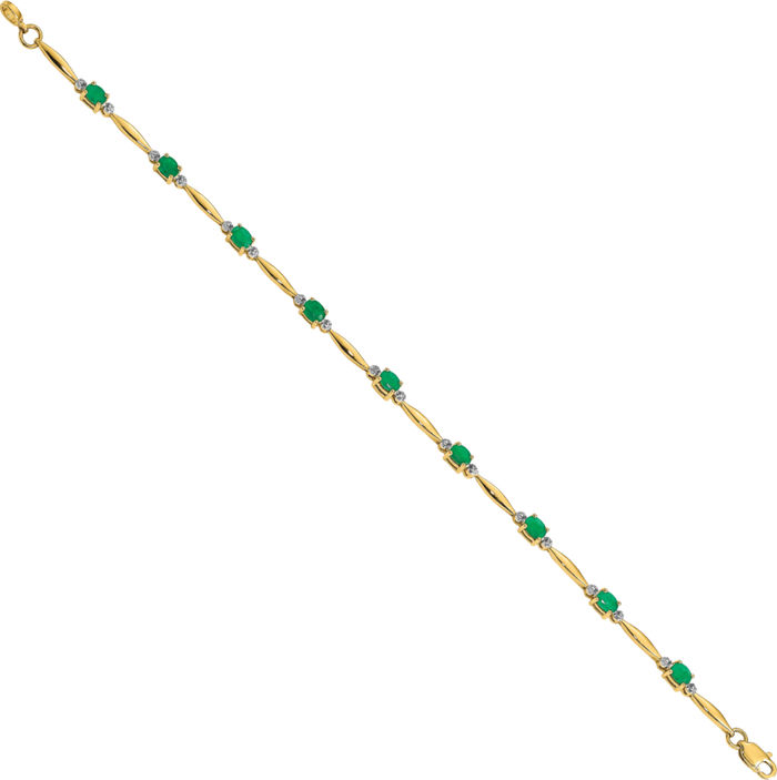 14K Solid Yellow Gold Diamond Oval Green Emerald Chain Gemstone Tennis Bracelet