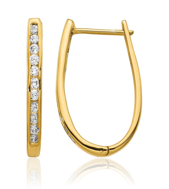 14K Solid Yellow Gold Diamond Oval Medium Hoop Earrings