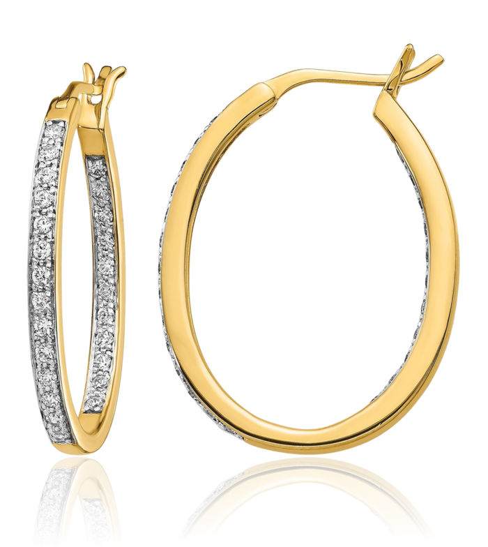 14K Solid Yellow Gold Diamond Oval Medium Hoop Earrings