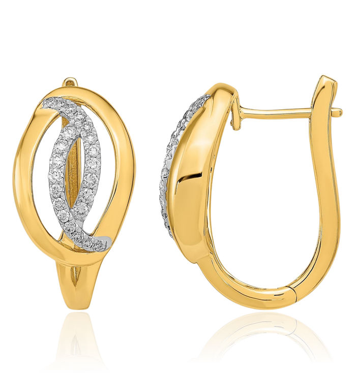 14K Solid Yellow Gold Diamond Oval Medium Huggie Hoop Drop Dangle Earrings