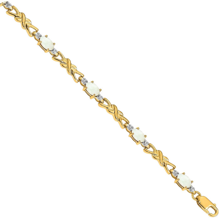 14K Solid Yellow Gold Diamond Oval Opal Chain Gemstone Tennis Bracelet