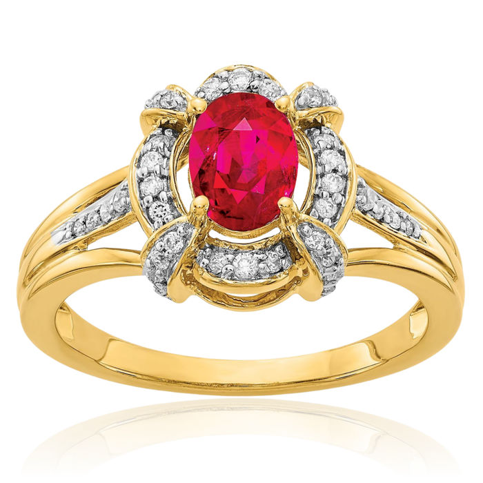 14K Solid Yellow Gold Diamond Oval Red Ruby Ring Gemstone Band July Birthstone Jewelry