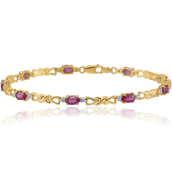 14K Solid Yellow Gold Diamond Oval Red Ruby Chain Gemstone Tennis Bracelet