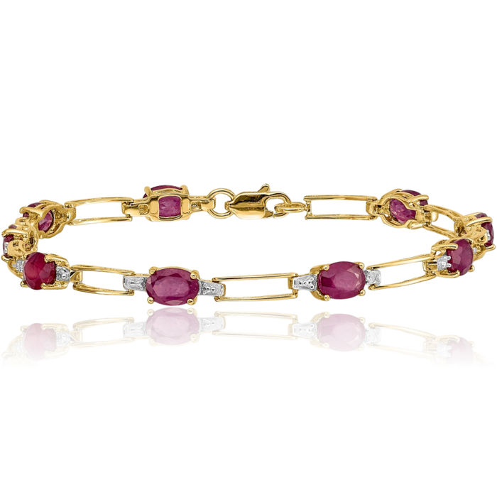 14K Solid Yellow Gold Diamond Oval Red Ruby Chain Gemstone Tennis Bracelet