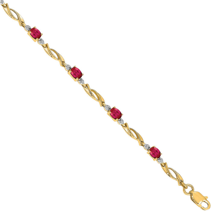 14K Solid Yellow Gold Diamond Oval Red Ruby Chain Gemstone Tennis Bracelet