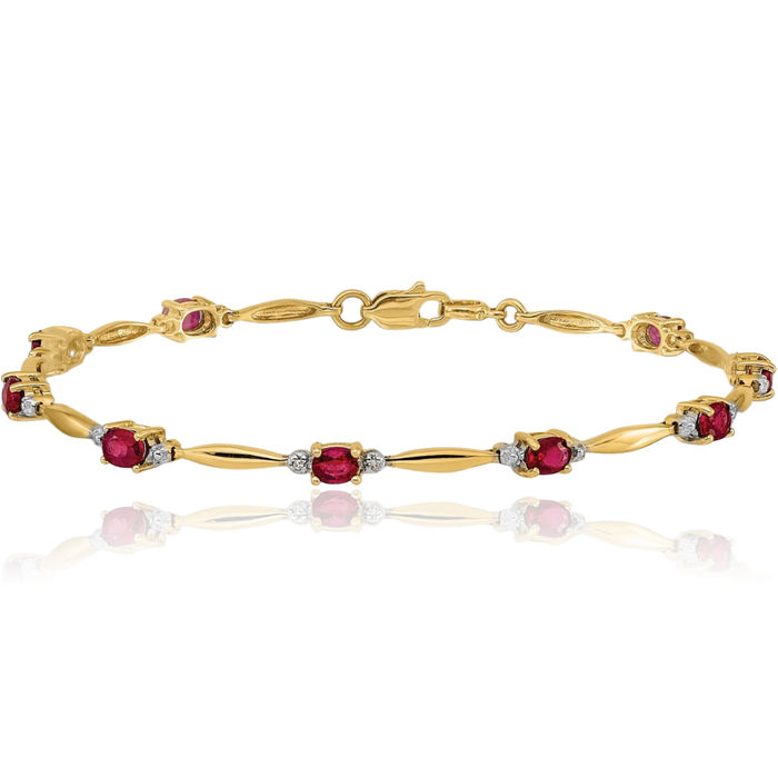 14K Solid Yellow Gold Diamond Oval Red Ruby Chain Gemstone Tennis Bracelet