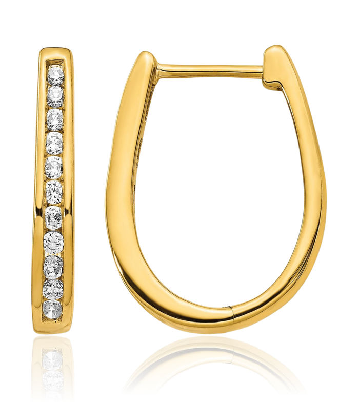 14K Solid Yellow Gold Diamond Oval Small Hoop Earrings