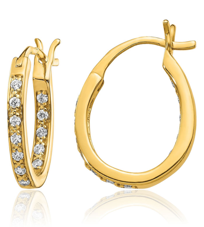 14K Solid Yellow Gold Diamond Oval Small Hoop Earrings