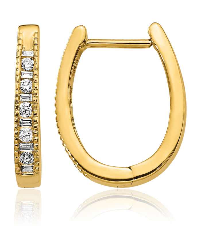 14K Solid Yellow Gold Diamond Oval Small Hoop Earrings