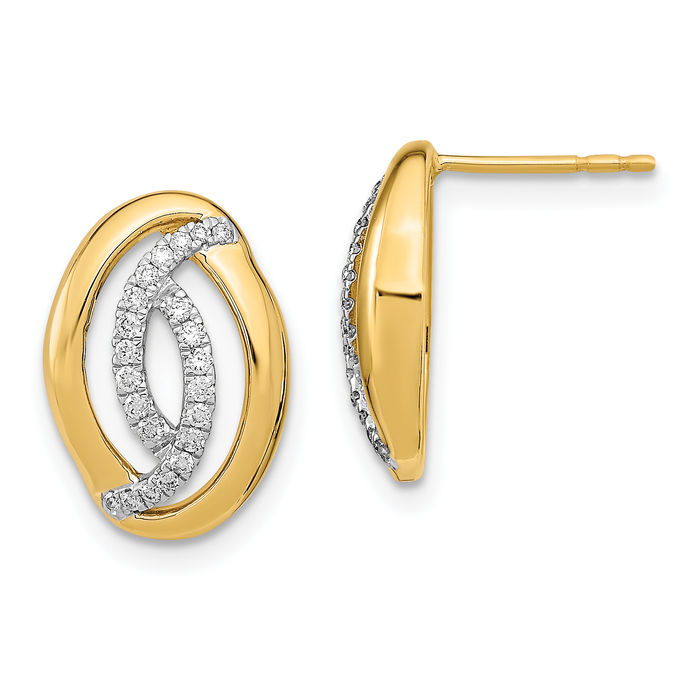 14K Solid Yellow Gold Diamond Oval Stud Earrings
