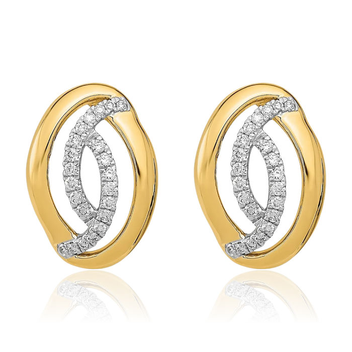 14K Solid Yellow Gold Diamond Oval Stud Earrings