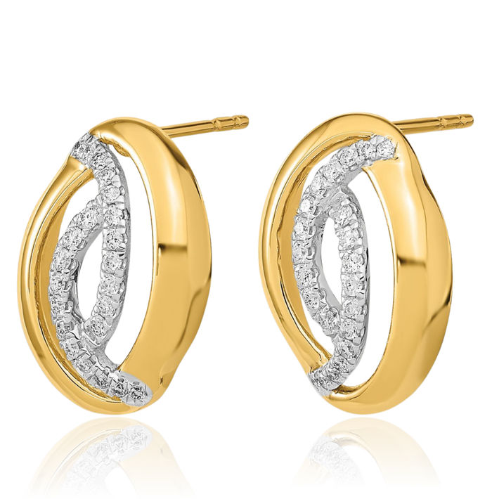 14K Solid Yellow Gold Diamond Oval Stud Earrings