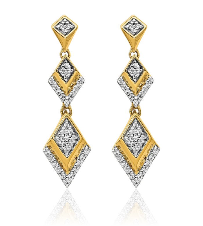 14K Solid Yellow Gold Diamond Post Line Bar Drop Dangle Earrings