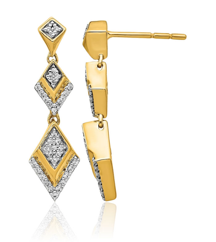 14K Solid Yellow Gold Diamond Post Line Bar Drop Dangle Earrings