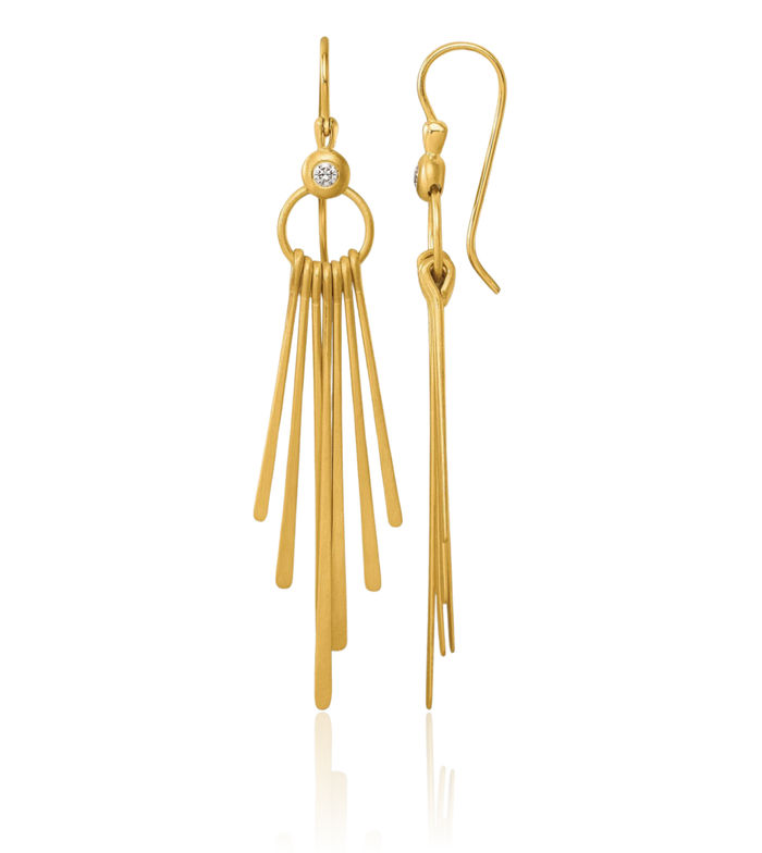 14K Solid Yellow Gold Diamond Circle Round Dangling Strips Shephard Hook Drop Dangle Earrings