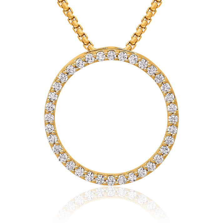 14K Solid Yellow Gold Diamond Circle Round Floating Chain Slide Pendant Necklace Charm