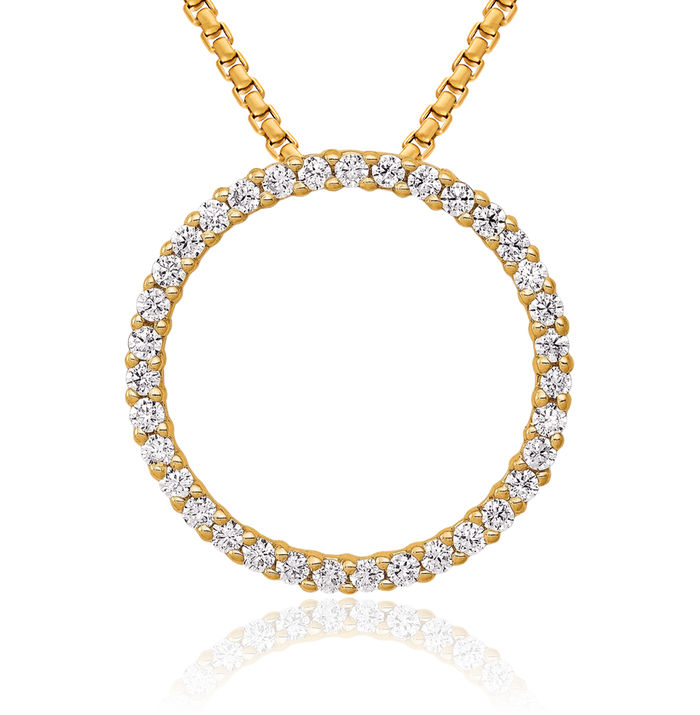 14K Solid Yellow Gold Diamond Circle Round Floating Chain Slide Pendant Necklace Charm