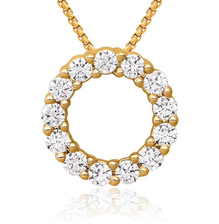 14K Solid Yellow Gold Diamond Circle Round Floating Chain Slide Pendant Necklace Charm