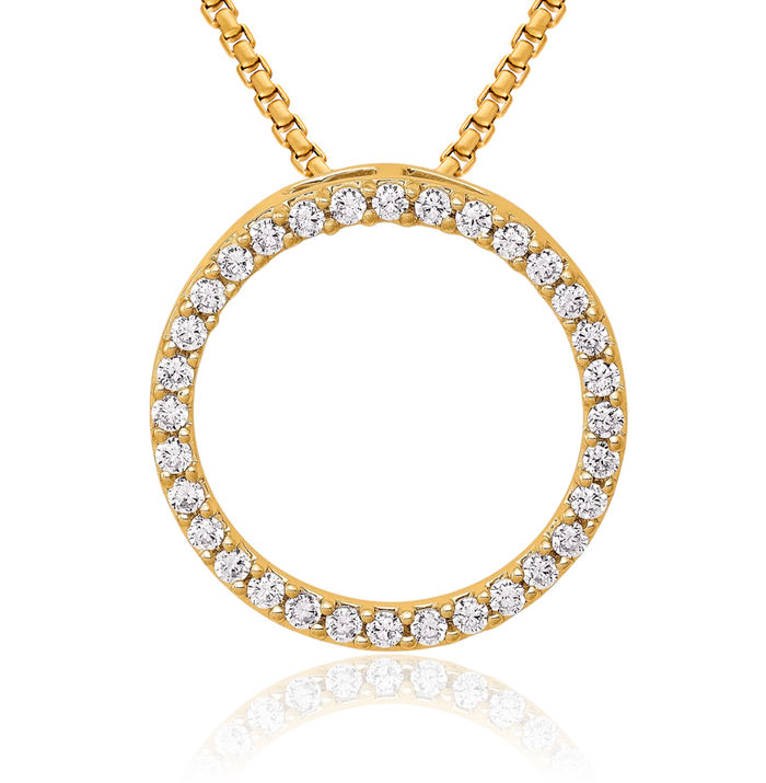 14K Solid Yellow Gold Diamond Circle Round Floating Chain Slide Pendant Necklace Charm