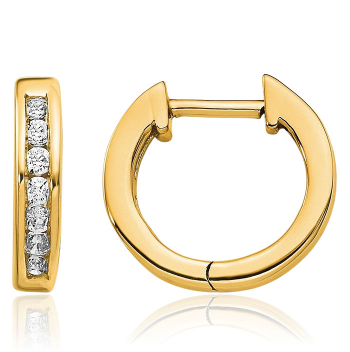 14K Solid Yellow Gold Diamond Round Huggie Mini Hoop Earrings