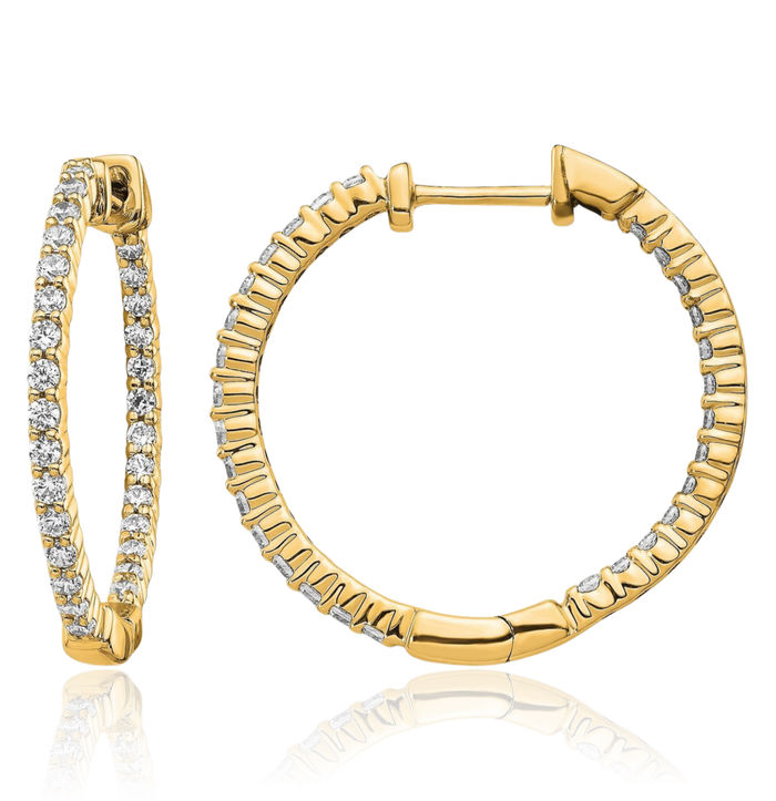 14K Solid Yellow Gold Diamond Round Medium Hoop Earrings