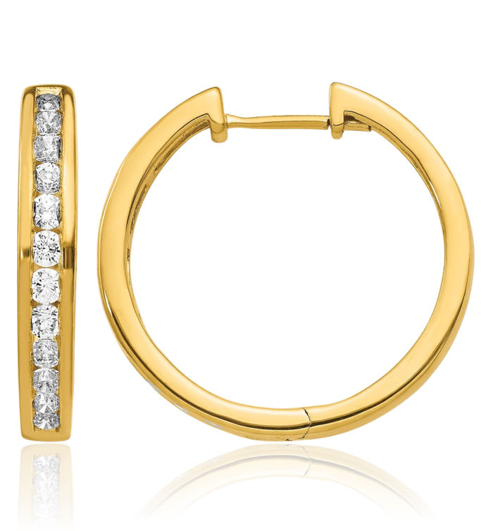14K Solid Yellow Gold Diamond Round Medium Hoop Earrings