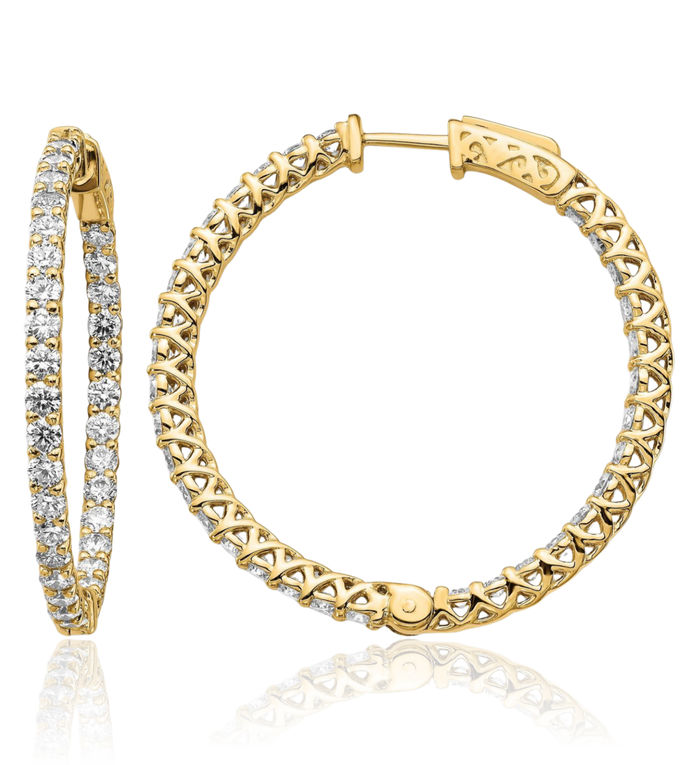 14K Solid Yellow Gold Diamond Round Medium Hoop Earrings