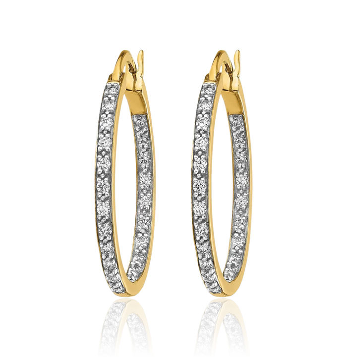 14K Solid Yellow Gold Diamond Round Medium Hoop Earrings