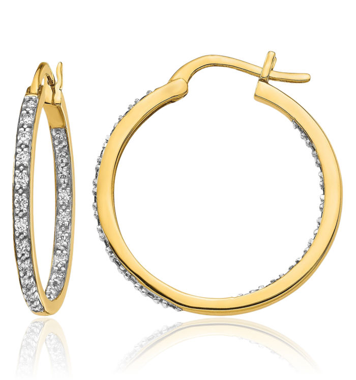 14K Solid Yellow Gold Diamond Round Medium Hoop Earrings