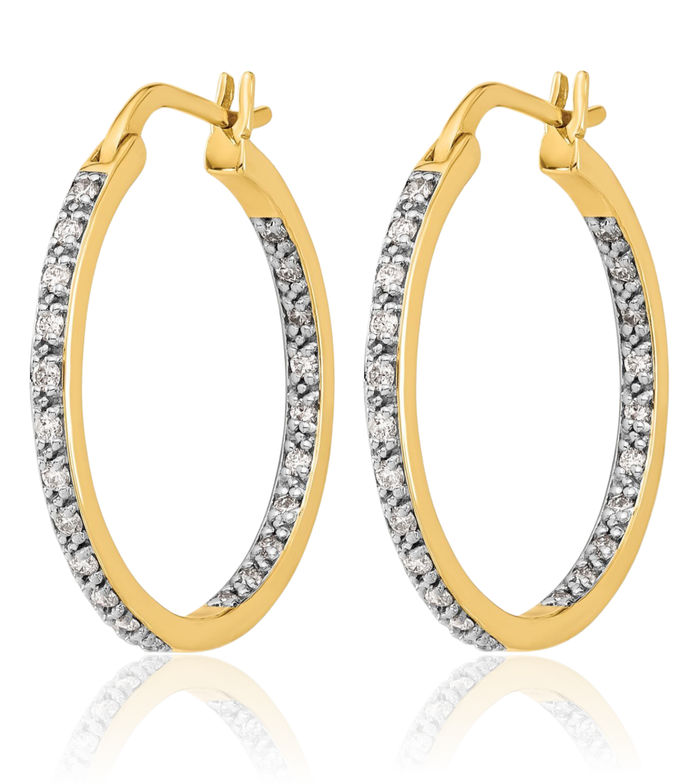 14K Solid Yellow Gold Diamond Round Medium Hoop Earrings