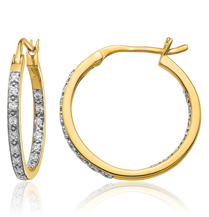 14K Solid Yellow Gold Diamond Round Medium Hoop Earrings