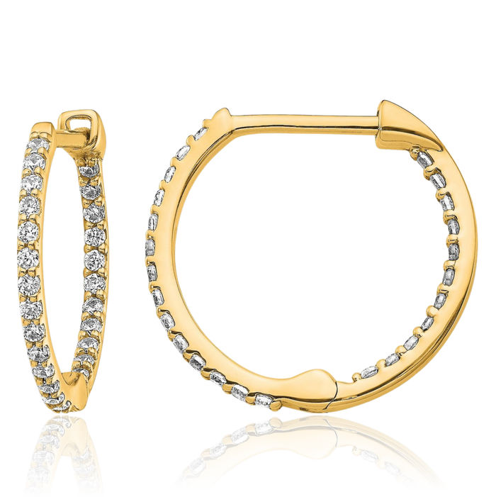 14K Solid Yellow Gold Diamond Round Small Hoop Earrings