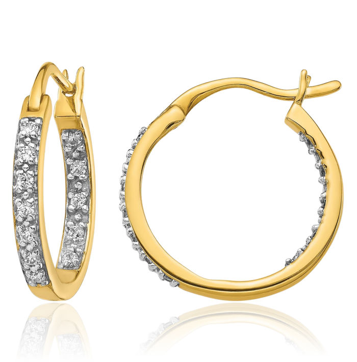 14K Solid Yellow Gold Diamond Round Small Hoop Earrings