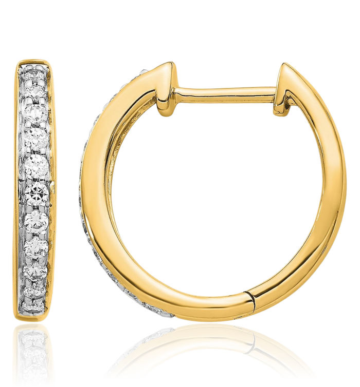 14K Solid Yellow Gold Diamond Round Small Hoop Earrings