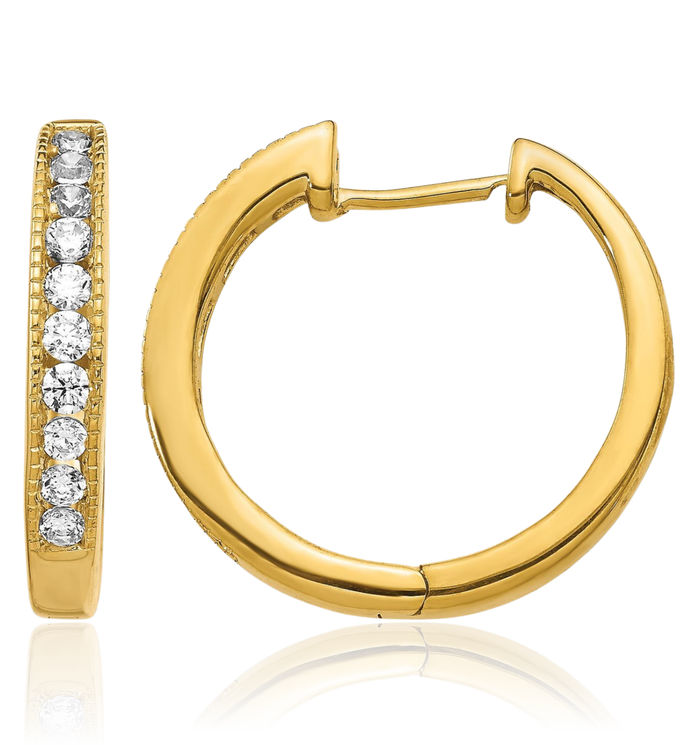 14K Solid Yellow Gold Diamond Round Small Hoop Earrings