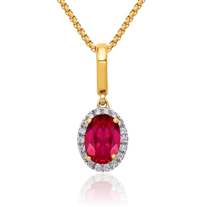 14K Solid Yellow Gold Diamond Red Ruby Halo Round Necklace Gemstone Pendant Charm