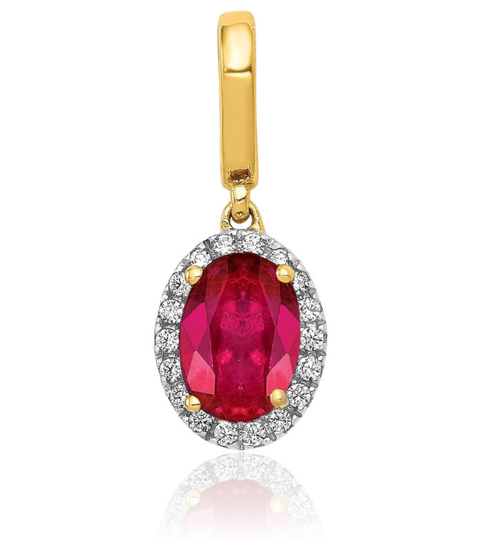 14K Solid Yellow Gold Diamond Red Ruby Halo Round Necklace Gemstone Pendant Charm